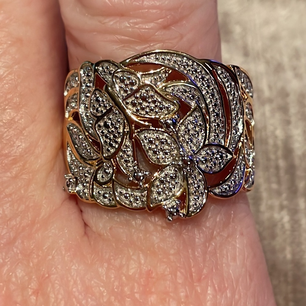 Gold Flower & Butterfly Ring New! Size 9 Diamond Chip - Picture 5 of 9